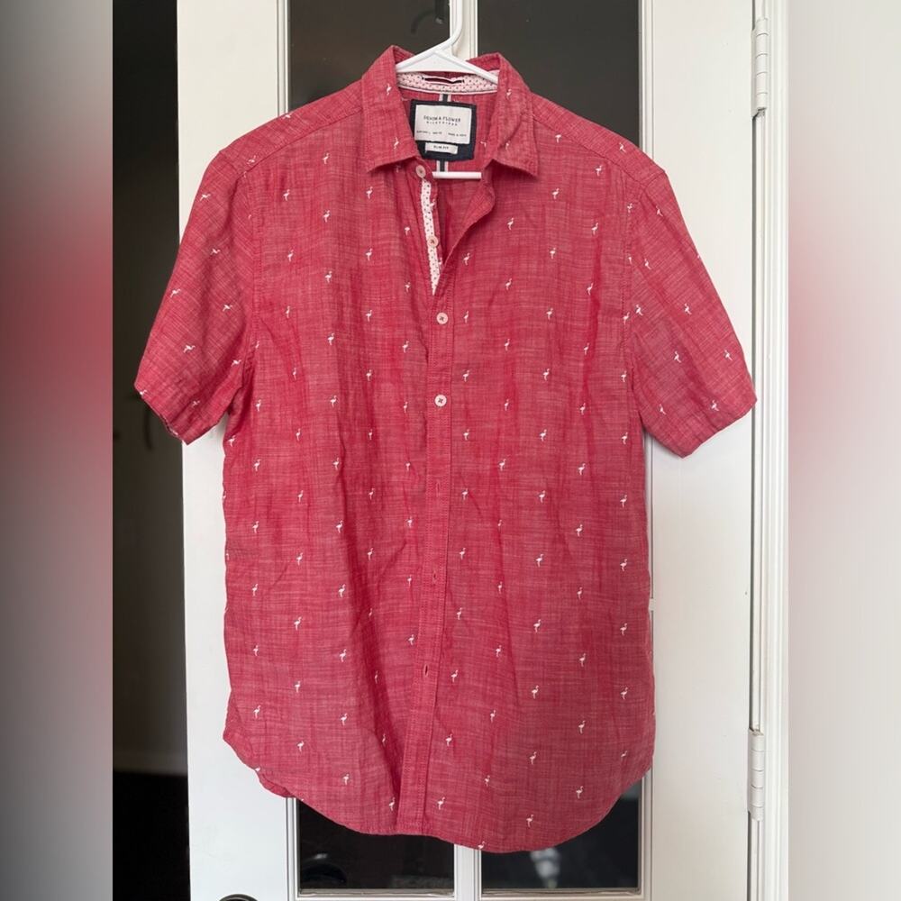 Men’s Denim & Flower cotton short sleeve button own shirt flamingos size Large